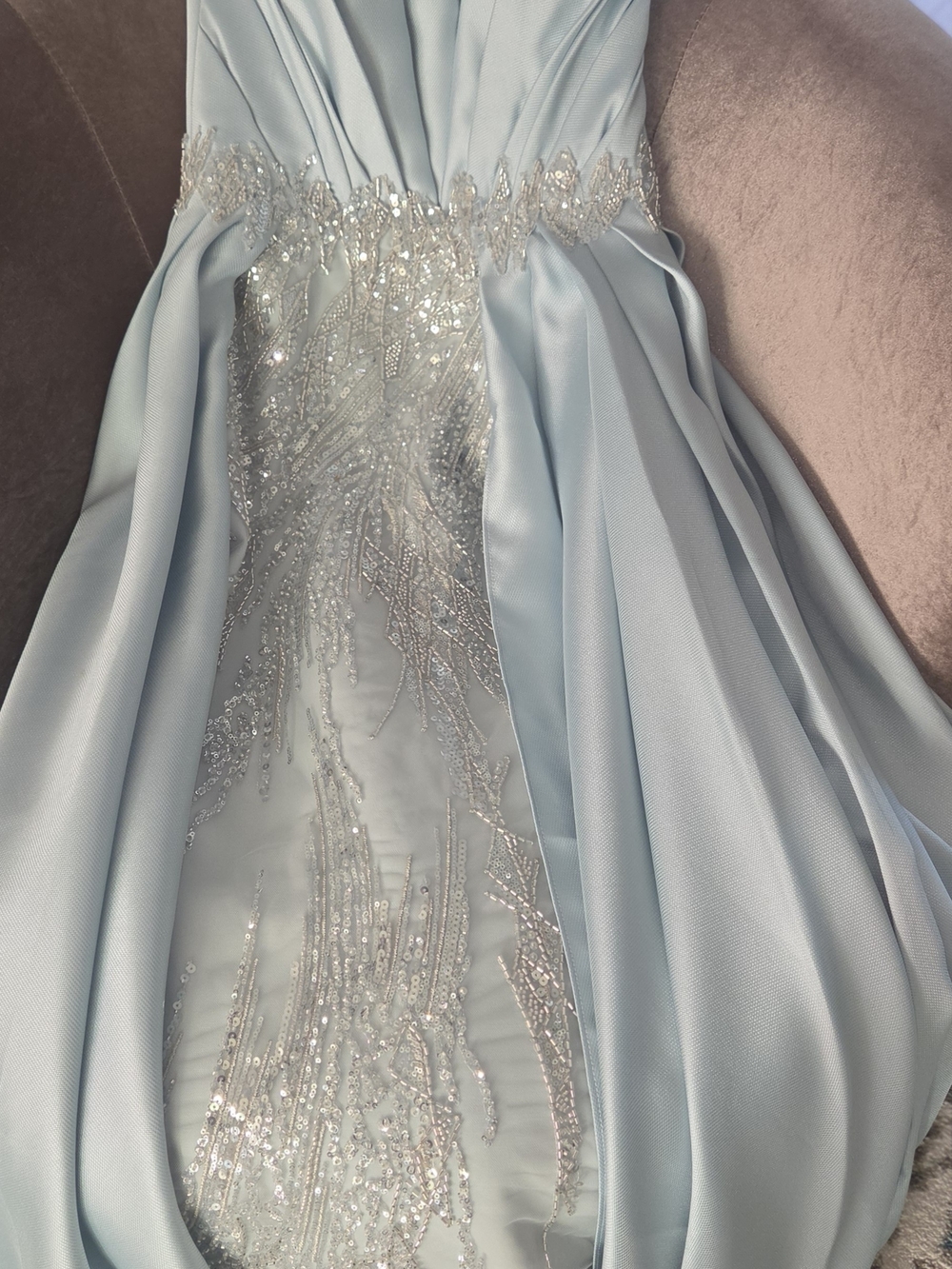 MNM Couture Strapless Ice Blue Embellished Gown with Draped Overskirt - Picture 4 of 5